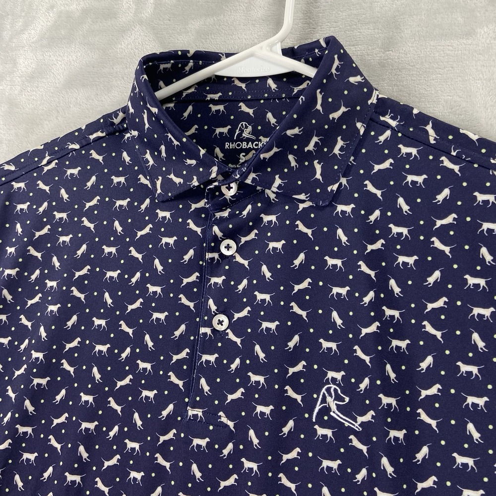 Rhoback Shirt Mens Small Polo Golf AOP Dog Print Performance Short Sleeve Blue